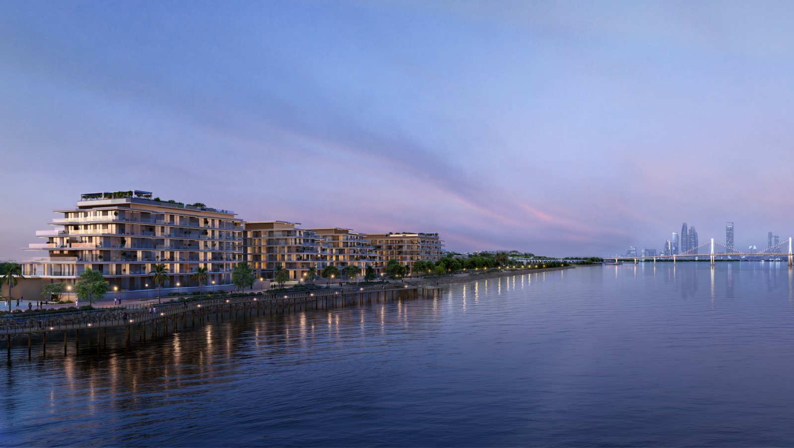 Official waterfront rendering of Bashayer apartment residences on Hudayriyat Island